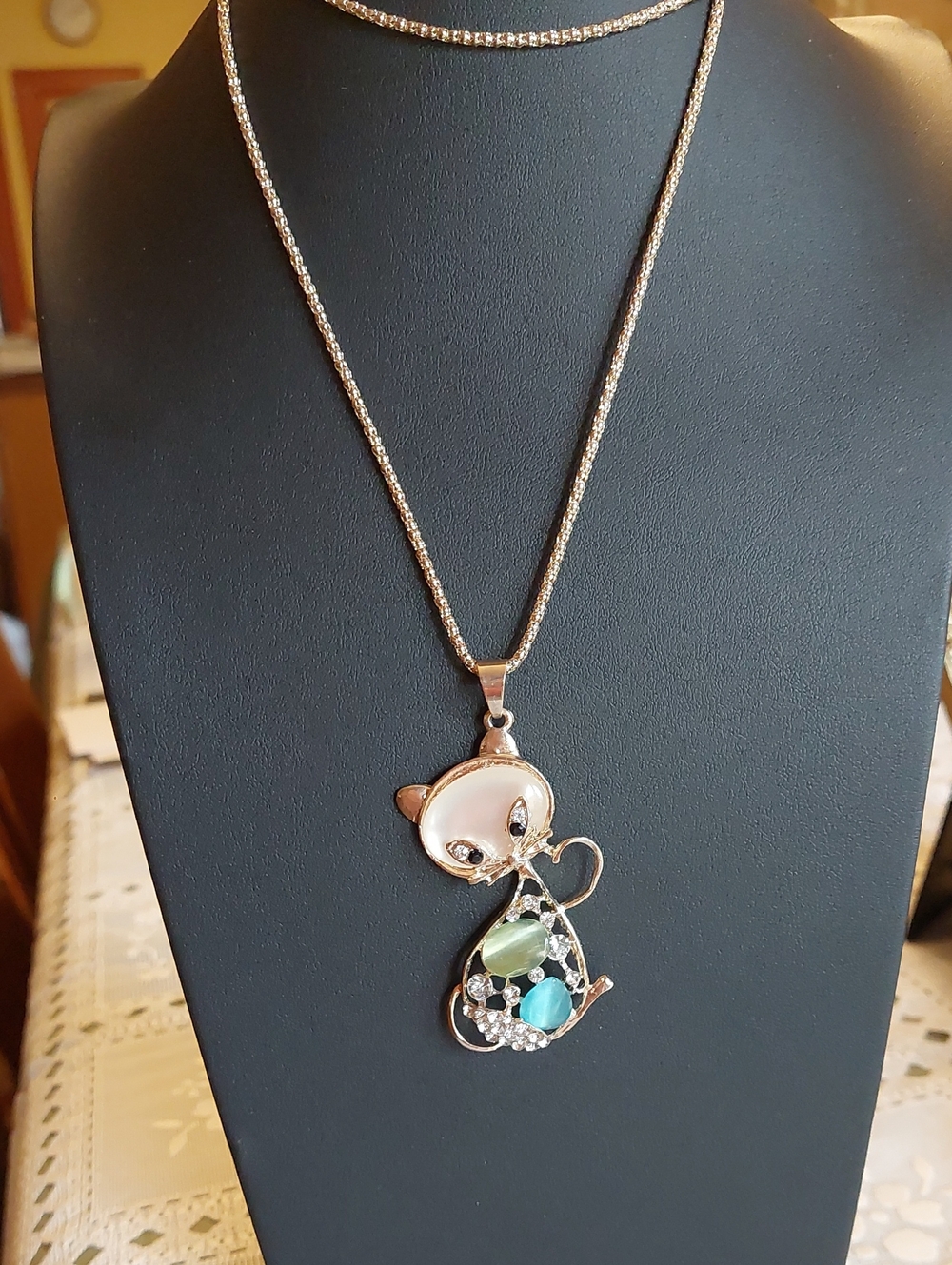 Rose Gold-Tone Mod Cat Pendant Necklace with Cat's Eye Stones & Rhinestones NWOT